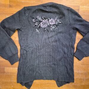 Small Mudd Womens Open Cardigan Sweater Green Floral Embroidered Long Sleeve S